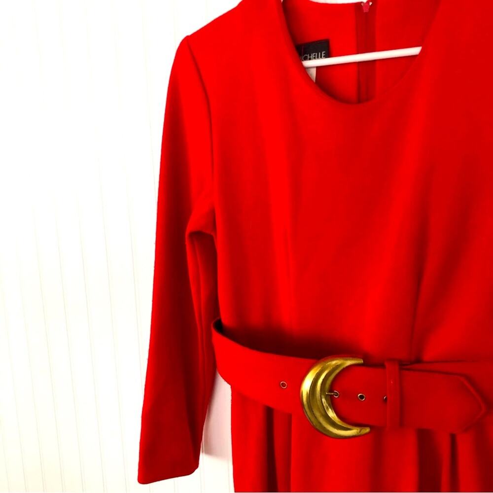Vintage 1980s Bright Red Belted Jumpsuit Stirrups Shoulder Pads Gold Belt Buckle